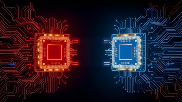 Abstract geopolitical tech illustration showing two glowing microchip processors facing each other across a divide, one in red-gold tones and one in blue-silver tones, circuit board patterns radiating outward, dark dramatic background with subtle map outlines, no text no letters no words no typography, 16:9 ratio