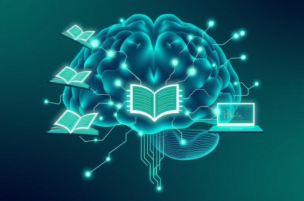 Abstract digital illustration of a human brain made of glowing circuit paths connected to floating open books and digital screens showing knowledge graphs, learning pathways illuminated, emerald green and electric blue color palette, geometric patterns, gradient background from dark teal to midnight blue, no text no letters no words no typography, modern flat design, clean composition