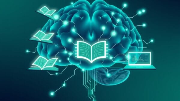 Abstract digital illustration of a human brain made of glowing circuit paths connected to floating open books and digital screens showing knowledge graphs, learning pathways illuminated, emerald green and electric blue color palette, geometric patterns, gradient background from dark teal to midnight blue, no text no letters no words no typography, modern flat design, clean composition