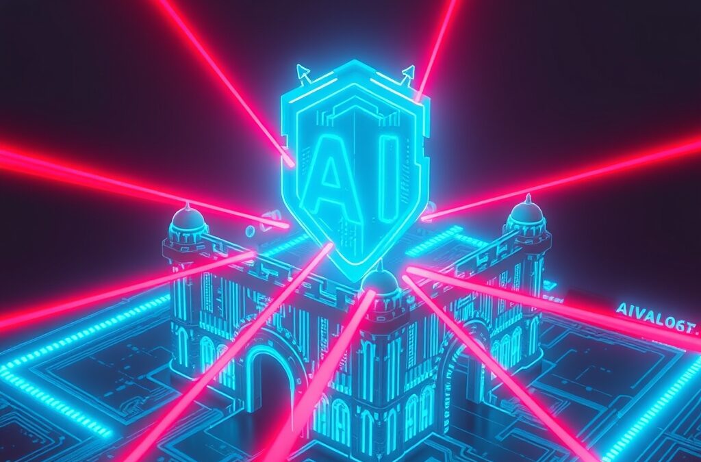 a digital fortress made of glowing blue circuit patterns being attacked by red laser beams with a protective AI shield, cinematic editorial photography, cyan neon and red contrast palette, no text no letters no words no writing no signs no labels no watermarks no logos no typography no numbers on surfaces