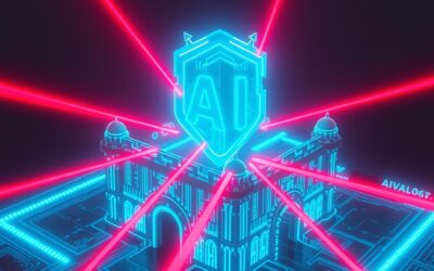 a digital fortress made of glowing blue circuit patterns being attacked by red laser beams with a protective AI shield, cinematic editorial photography, cyan neon and red contrast palette, no text no letters no words no writing no signs no labels no watermarks no logos no typography no numbers on surfaces