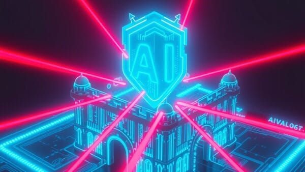 a digital fortress made of glowing blue circuit patterns being attacked by red laser beams with a protective AI shield, cinematic editorial photography, cyan neon and red contrast palette, no text no letters no words no writing no signs no labels no watermarks no logos no typography no numbers on surfaces