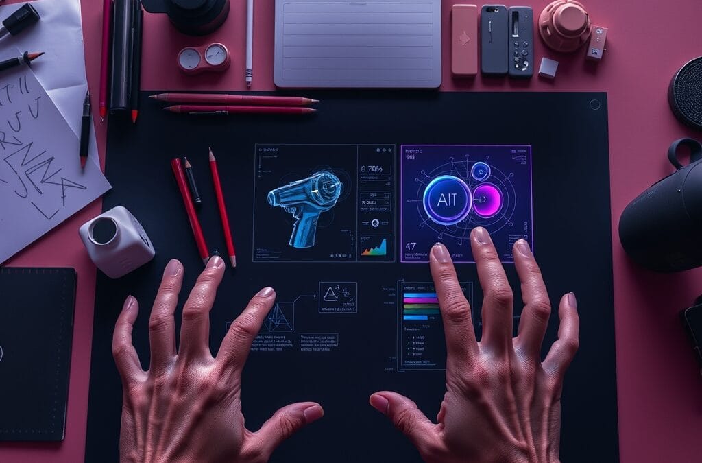 Illustration IA : espace de travail mixte traditionnel et IA pour designers