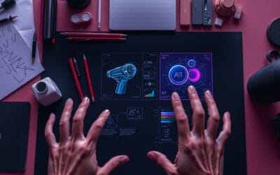 Illustration IA : espace de travail mixte traditionnel et IA pour designers