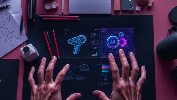 Illustration IA : espace de travail mixte traditionnel et IA pour designers