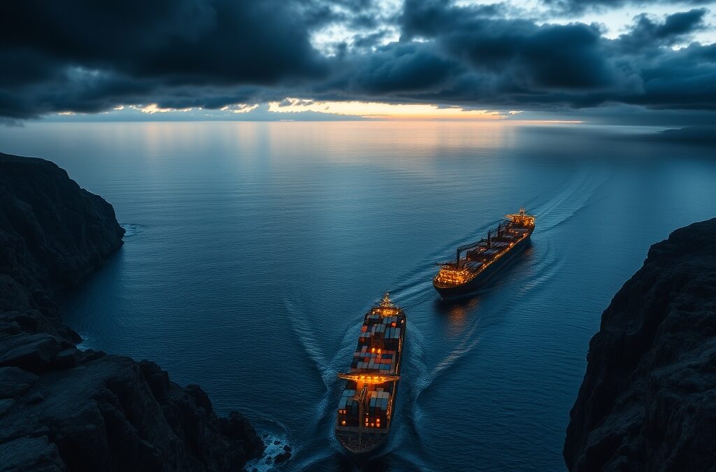 A dramatic aerial view of a narrow strait between two rocky coastlines at dusk, with massive container ships carrying glowing microchip cargo navigating through, geopolitical tension symbolized by dark storm clouds gathering overhead, cinematic editorial photography, warm amber and steel blue palette with deep navy shadows, composition with ships in upper two thirds against dramatic sky, no text, no letters, no words, no writing, no signs, no labels, no watermarks, no logos, no typography, no numbers on surfaces