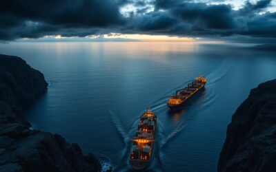 A dramatic aerial view of a narrow strait between two rocky coastlines at dusk, with massive container ships carrying glowing microchip cargo navigating through, geopolitical tension symbolized by dark storm clouds gathering overhead, cinematic editorial photography, warm amber and steel blue palette with deep navy shadows, composition with ships in upper two thirds against dramatic sky, no text, no letters, no words, no writing, no signs, no labels, no watermarks, no logos, no typography, no numbers on surfaces