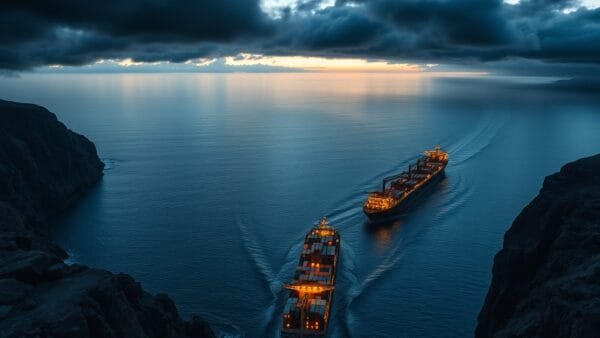 A dramatic aerial view of a narrow strait between two rocky coastlines at dusk, with massive container ships carrying glowing microchip cargo navigating through, geopolitical tension symbolized by dark storm clouds gathering overhead, cinematic editorial photography, warm amber and steel blue palette with deep navy shadows, composition with ships in upper two thirds against dramatic sky, no text, no letters, no words, no writing, no signs, no labels, no watermarks, no logos, no typography, no numbers on surfaces