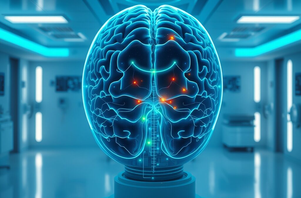 a holographic brain scan with AI highlighting areas of concern in blue and green light in a futuristic medical facility, cinematic editorial photography, blue institutional and white clean palette, no text no letters no words no writing no signs no labels no watermarks no logos no typography no numbers on surfaces