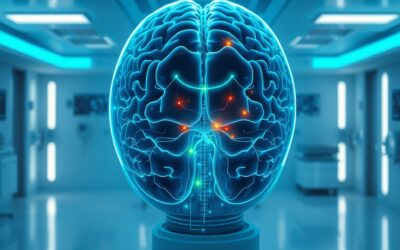 a holographic brain scan with AI highlighting areas of concern in blue and green light in a futuristic medical facility, cinematic editorial photography, blue institutional and white clean palette, no text no letters no words no writing no signs no labels no watermarks no logos no typography no numbers on surfaces