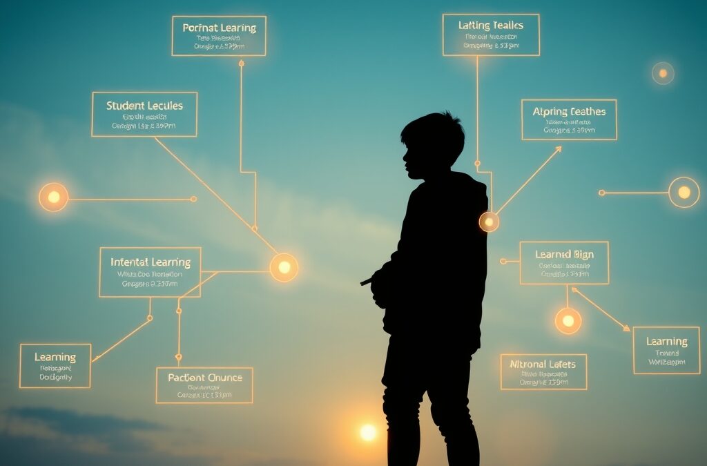 a single student silhouette surrounded by personalized holographic learning paths branching in multiple directions with warm light, cinematic editorial photography, blue sky and white palette with warm amber accents, no text no letters no words no writing no signs no labels no watermarks no logos no typography no numbers on surfaces