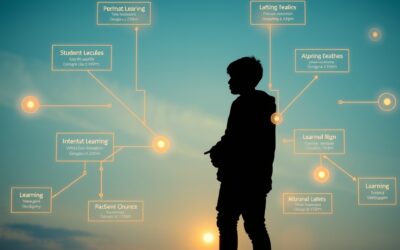 a single student silhouette surrounded by personalized holographic learning paths branching in multiple directions with warm light, cinematic editorial photography, blue sky and white palette with warm amber accents, no text no letters no words no writing no signs no labels no watermarks no logos no typography no numbers on surfaces