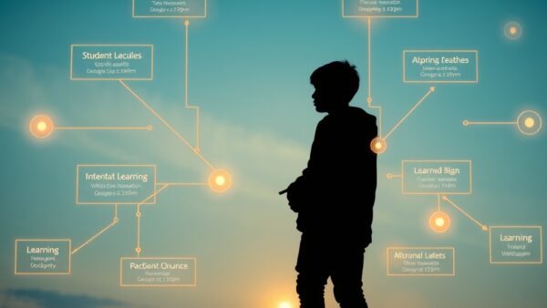 a single student silhouette surrounded by personalized holographic learning paths branching in multiple directions with warm light, cinematic editorial photography, blue sky and white palette with warm amber accents, no text no letters no words no writing no signs no labels no watermarks no logos no typography no numbers on surfaces