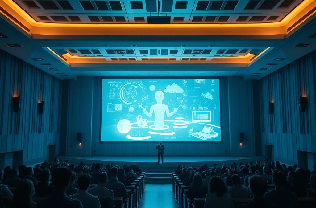 a grand university lecture hall with holographic AI teaching assistant projecting knowledge visualizations to silhouetted students, cinematic editorial photography, blue institutional and warm amber palette, no text no letters no words no writing no signs no labels no watermarks no logos no typography no numbers on surfaces