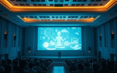 a grand university lecture hall with holographic AI teaching assistant projecting knowledge visualizations to silhouetted students, cinematic editorial photography, blue institutional and warm amber palette, no text no letters no words no writing no signs no labels no watermarks no logos no typography no numbers on surfaces