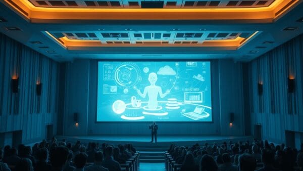 a grand university lecture hall with holographic AI teaching assistant projecting knowledge visualizations to silhouetted students, cinematic editorial photography, blue institutional and warm amber palette, no text no letters no words no writing no signs no labels no watermarks no logos no typography no numbers on surfaces