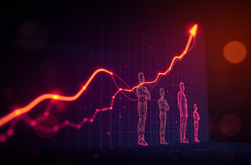 Abstract visualization of rising employment graph made of luminous human silhouettes connected by data streams, deep rose undertones blending with midnight blue atmosphere, dramatic single-source golden warm light illuminating upward trend, soft bokeh particles floating like opportunity, editorial photography style with cinematic contrast, no text no letters no words no characters no symbols no watermark