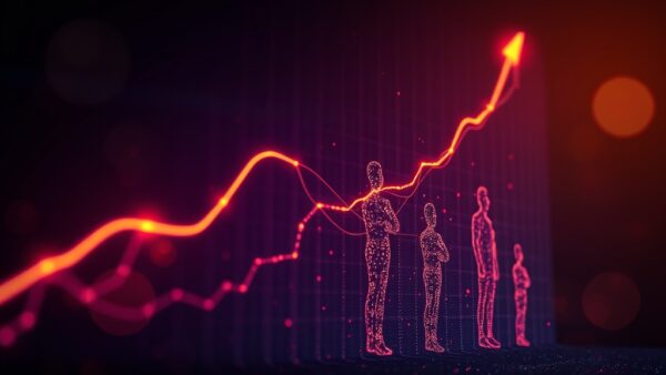 Abstract visualization of rising employment graph made of luminous human silhouettes connected by data streams, deep rose undertones blending with midnight blue atmosphere, dramatic single-source golden warm light illuminating upward trend, soft bokeh particles floating like opportunity, editorial photography style with cinematic contrast, no text no letters no words no characters no symbols no watermark