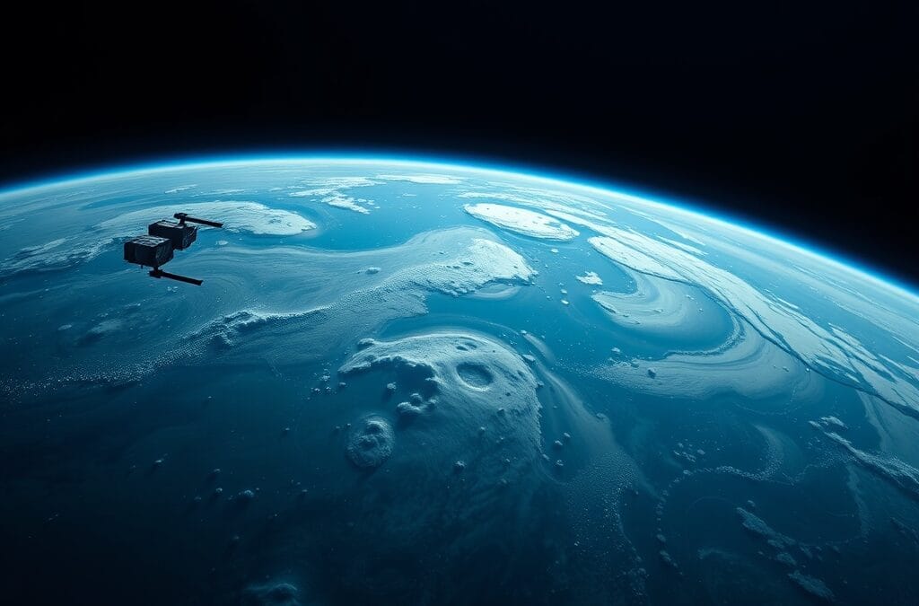 cinematic editorial dark navy blue space aesthetic, orbital satellites, Earth from space, data streams, NVIDIA technology visualization, futuristic computing, no text no letters no words no writing no signs no labels no watermarks no logos no typography no numbers on surfaces