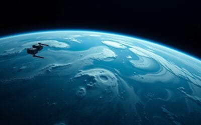 cinematic editorial dark navy blue space aesthetic, orbital satellites, Earth from space, data streams, NVIDIA technology visualization, futuristic computing, no text no letters no words no writing no signs no labels no watermarks no logos no typography no numbers on surfaces