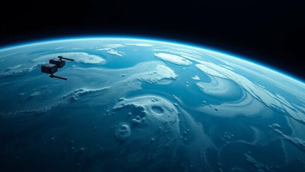 cinematic editorial dark navy blue space aesthetic, orbital satellites, Earth from space, data streams, NVIDIA technology visualization, futuristic computing, no text no letters no words no writing no signs no labels no watermarks no logos no typography no numbers on surfaces