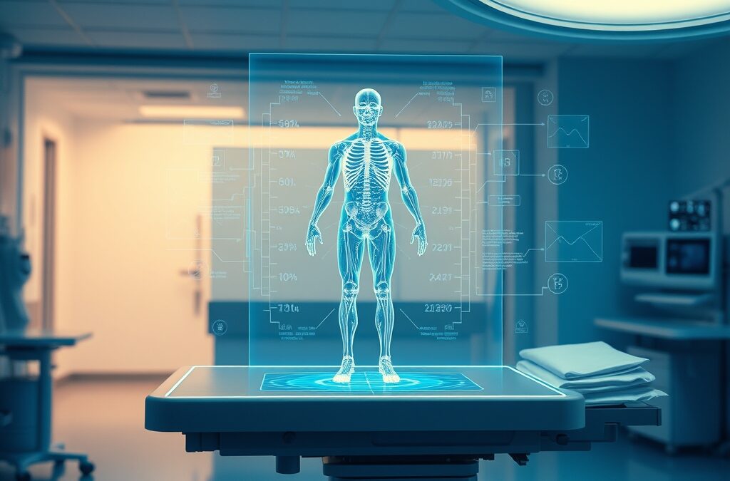 a holographic human body scan floating above a medical table with AI diagnostic data streams flowing around it in a modern hospital setting, cinematic editorial photography, blue institutional and white clean palette, no text no letters no words no writing no signs no labels no watermarks no logos no typography no numbers on surfaces