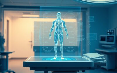 a holographic human body scan floating above a medical table with AI diagnostic data streams flowing around it in a modern hospital setting, cinematic editorial photography, blue institutional and white clean palette, no text no letters no words no writing no signs no labels no watermarks no logos no typography no numbers on surfaces