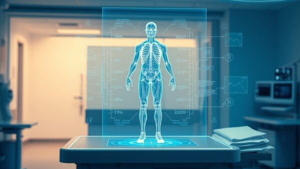 a holographic human body scan floating above a medical table with AI diagnostic data streams flowing around it in a modern hospital setting, cinematic editorial photography, blue institutional and white clean palette, no text no letters no words no writing no signs no labels no watermarks no logos no typography no numbers on surfaces
