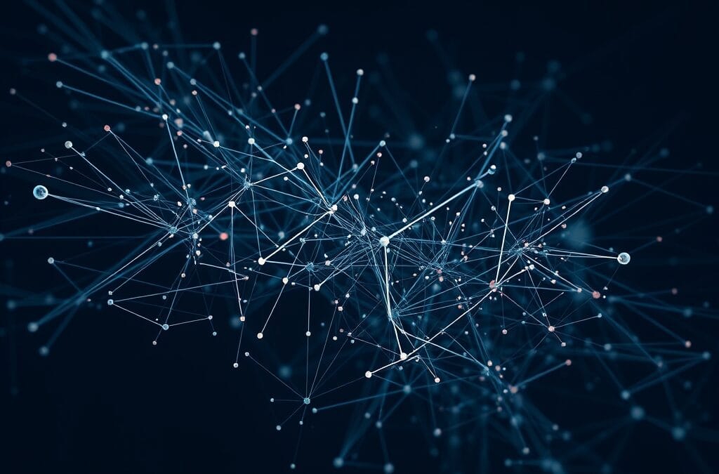 Cinematic editorial illustration of multimodal AI systems processing diverse data types, dark navy and blue palette, abstract interconnected neural networks representing vision audio text integration, no text no letters no words no writing no signs no labels no watermarks no logos no typography no numbers on surfaces