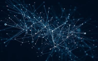 Cinematic editorial illustration of multimodal AI systems processing diverse data types, dark navy and blue palette, abstract interconnected neural networks representing vision audio text integration, no text no letters no words no writing no signs no labels no watermarks no logos no typography no numbers on surfaces