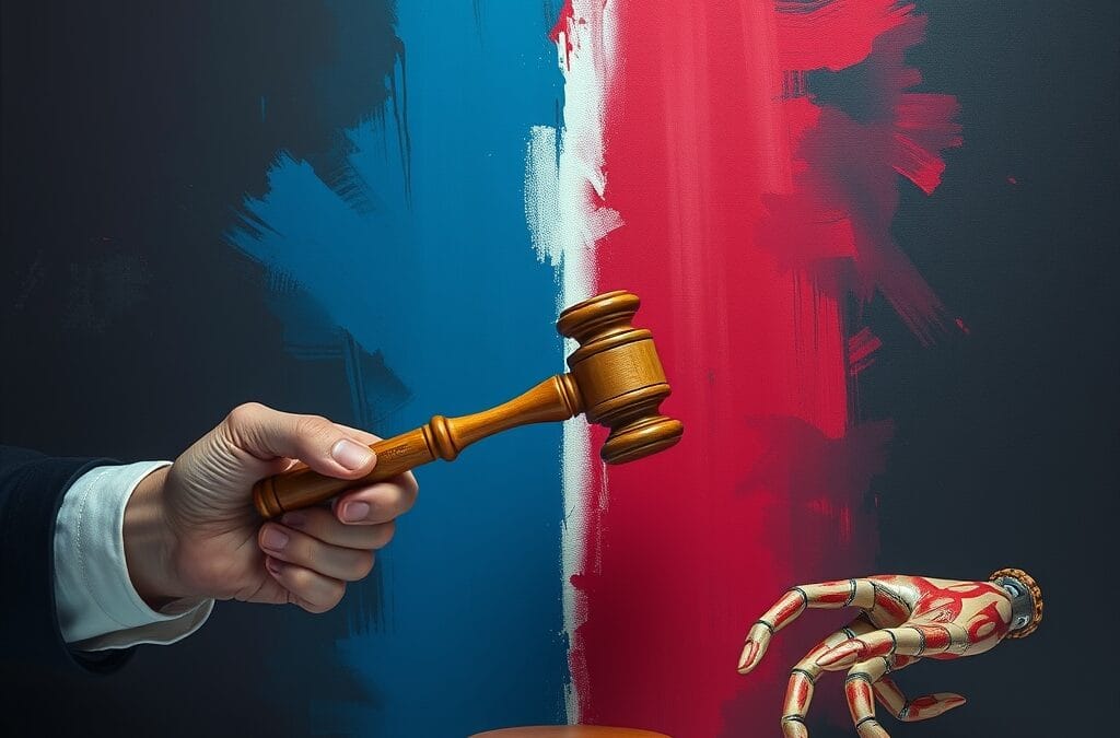 a split image showing a human hand painting and a robotic hand painting the same canvas with a legal gavel between them, cinematic editorial photography, rose deep and blue night palette, no text no letters no words no writing no signs no labels no watermarks no logos no typography no numbers on surfaces