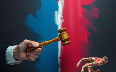 a split image showing a human hand painting and a robotic hand painting the same canvas with a legal gavel between them, cinematic editorial photography, rose deep and blue night palette, no text no letters no words no writing no signs no labels no watermarks no logos no typography no numbers on surfaces