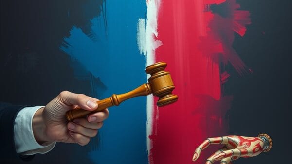 a split image showing a human hand painting and a robotic hand painting the same canvas with a legal gavel between them, cinematic editorial photography, rose deep and blue night palette, no text no letters no words no writing no signs no labels no watermarks no logos no typography no numbers on surfaces