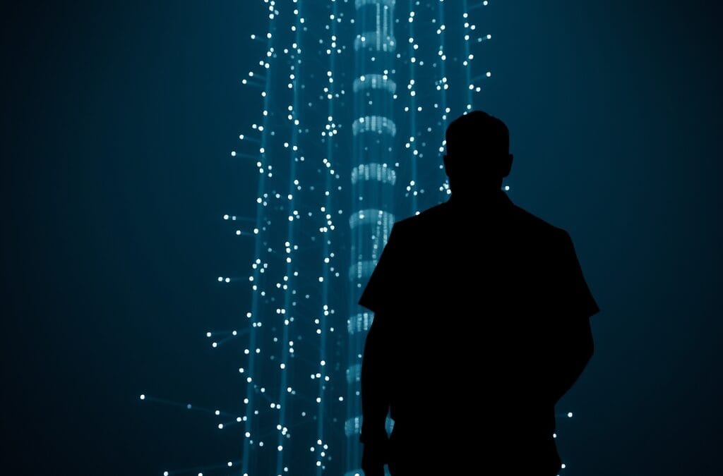 abstract silhouette of person from behind facing towering AI neural network structure, dramatic light contrast between human shadow and glowing technology, dark navy atmosphere, cinematic editorial photography, no text no letters no words no writing no signs no labels no watermarks no logos no typography no numbers on surfaces