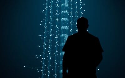 abstract silhouette of person from behind facing towering AI neural network structure, dramatic light contrast between human shadow and glowing technology, dark navy atmosphere, cinematic editorial photography, no text no letters no words no writing no signs no labels no watermarks no logos no typography no numbers on surfaces