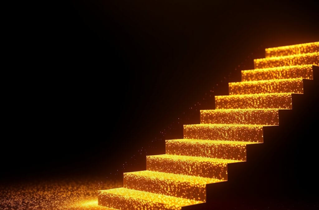 abstract ascending golden staircase made of light particles in dark navy space, prosperity and growth symbolism, warm amber glow, cinematic editorial photography, no text no letters no words no writing no signs no labels no watermarks no logos no typography no numbers on surfaces