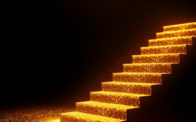 abstract ascending golden staircase made of light particles in dark navy space, prosperity and growth symbolism, warm amber glow, cinematic editorial photography, no text no letters no words no writing no signs no labels no watermarks no logos no typography no numbers on surfaces
