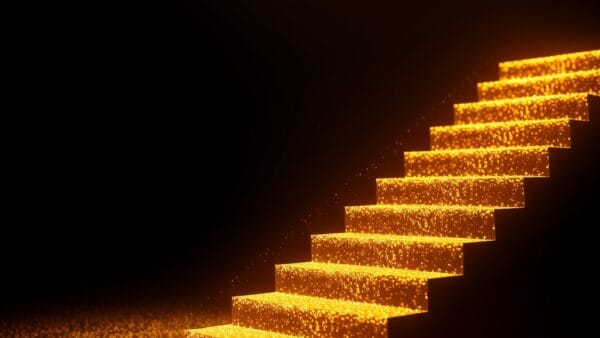abstract ascending golden staircase made of light particles in dark navy space, prosperity and growth symbolism, warm amber glow, cinematic editorial photography, no text no letters no words no writing no signs no labels no watermarks no logos no typography no numbers on surfaces