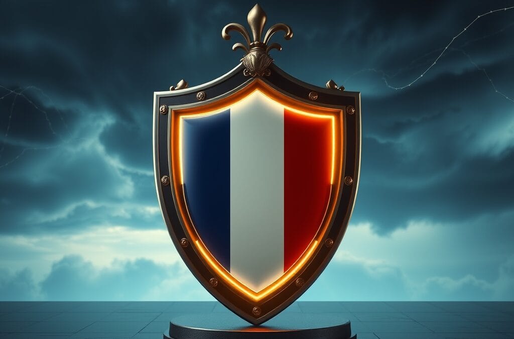 a majestic shield with French tricolor colors protecting a glowing AI core against a dark stormy digital sky, cinematic editorial photography, blue institutional and gold palette, no text no letters no words no writing no signs no labels no watermarks no logos no typography no numbers on surfaces