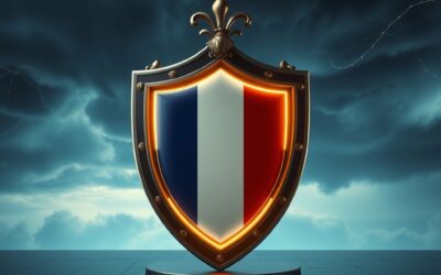 a majestic shield with French tricolor colors protecting a glowing AI core against a dark stormy digital sky, cinematic editorial photography, blue institutional and gold palette, no text no letters no words no writing no signs no labels no watermarks no logos no typography no numbers on surfaces
