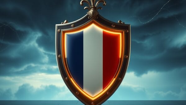 a majestic shield with French tricolor colors protecting a glowing AI core against a dark stormy digital sky, cinematic editorial photography, blue institutional and gold palette, no text no letters no words no writing no signs no labels no watermarks no logos no typography no numbers on surfaces