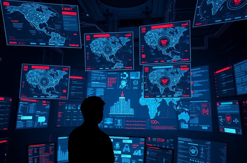 A dark cybersecurity command center with multiple holographic threat maps floating in the air, red warning indicators and cyan data streams flowing between nodes, silhouette of analyst viewed from behind looking at the displays, deep navy and dark atmosphere with red alert accents and cyan neon highlights, cinematic editorial photography, wide angle, subject in upper two-thirds, no text, no letters, no words, no writing, no signs, no labels, no watermarks, no logos, no typography, no numbers on surfaces