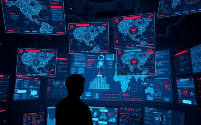 A dark cybersecurity command center with multiple holographic threat maps floating in the air, red warning indicators and cyan data streams flowing between nodes, silhouette of analyst viewed from behind looking at the displays, deep navy and dark atmosphere with red alert accents and cyan neon highlights, cinematic editorial photography, wide angle, subject in upper two-thirds, no text, no letters, no words, no writing, no signs, no labels, no watermarks, no logos, no typography, no numbers on surfaces