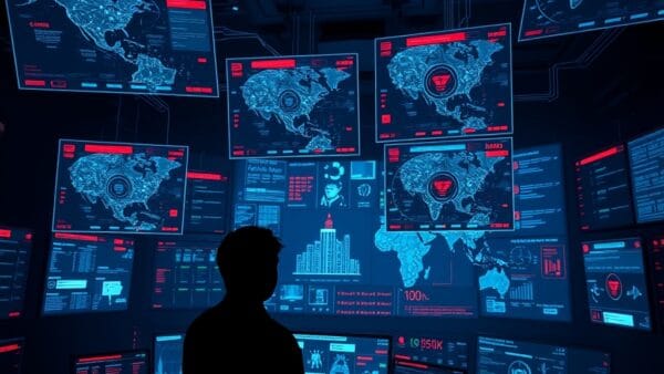 A dark cybersecurity command center with multiple holographic threat maps floating in the air, red warning indicators and cyan data streams flowing between nodes, silhouette of analyst viewed from behind looking at the displays, deep navy and dark atmosphere with red alert accents and cyan neon highlights, cinematic editorial photography, wide angle, subject in upper two-thirds, no text, no letters, no words, no writing, no signs, no labels, no watermarks, no logos, no typography, no numbers on surfaces