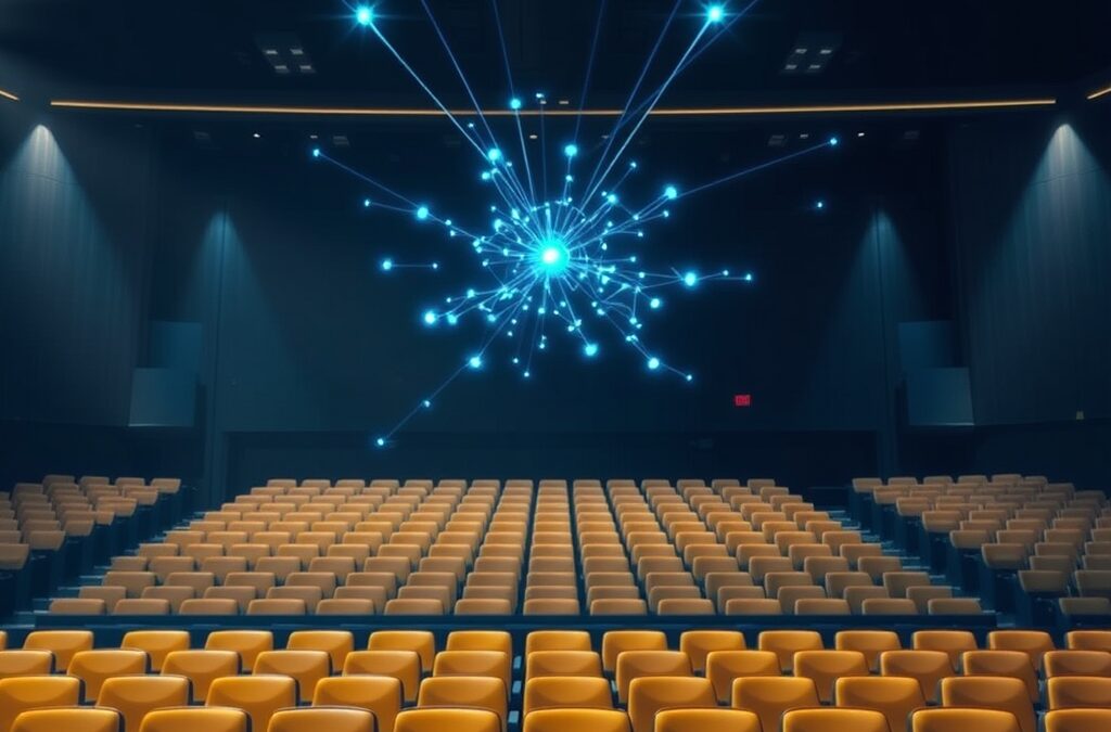 vast university lecture hall with holographic AI neural network projection floating above rows of empty seats, glowing blue institutional light beams connecting nodes, cinematic editorial photography, institutional blue and gold color palette on dark navy background, subject in upper two thirds with gradient below, dramatic volumetric lighting, no text, no letters, no words, no writing, no signs, no labels, no watermarks, no logos, no typography, no numbers on surfaces