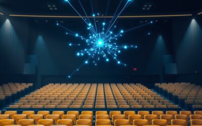 vast university lecture hall with holographic AI neural network projection floating above rows of empty seats, glowing blue institutional light beams connecting nodes, cinematic editorial photography, institutional blue and gold color palette on dark navy background, subject in upper two thirds with gradient below, dramatic volumetric lighting, no text, no letters, no words, no writing, no signs, no labels, no watermarks, no logos, no typography, no numbers on surfaces