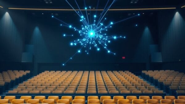 vast university lecture hall with holographic AI neural network projection floating above rows of empty seats, glowing blue institutional light beams connecting nodes, cinematic editorial photography, institutional blue and gold color palette on dark navy background, subject in upper two thirds with gradient below, dramatic volumetric lighting, no text, no letters, no words, no writing, no signs, no labels, no watermarks, no logos, no typography, no numbers on surfaces