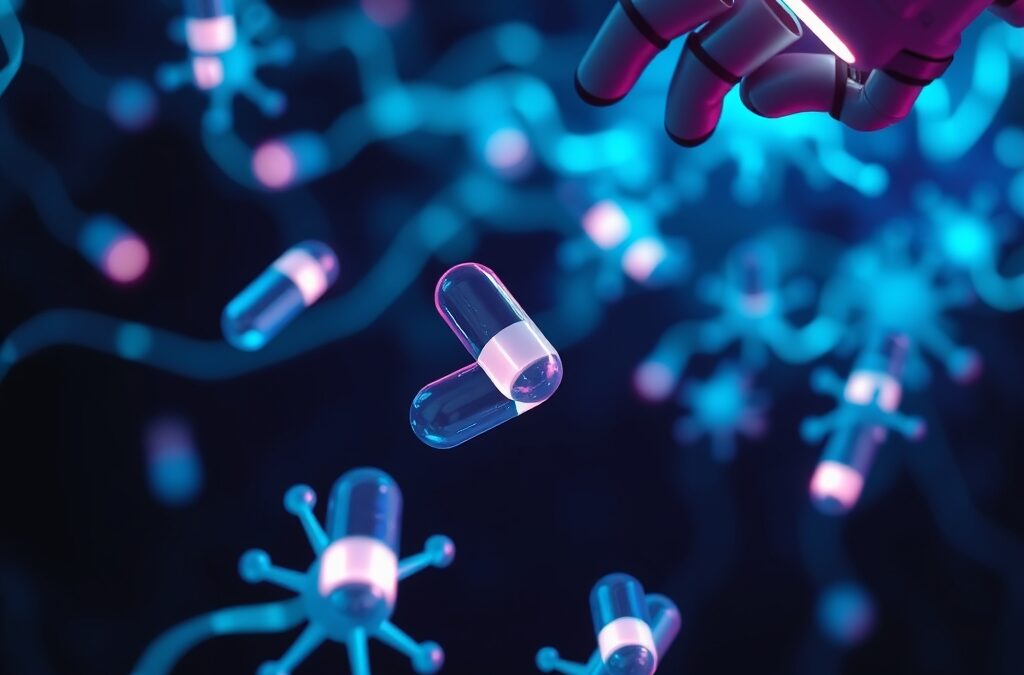 macro view of glowing pharmaceutical capsules floating in a network of cyan neon neural pathways and data streams, robotic arm manipulating molecular structures, cinematic editorial photography, cyan neon and violet color palette on dark navy background, subject in upper two thirds with soft gradient below, dramatic rim lighting, no text, no letters, no words, no writing, no signs, no labels, no watermarks, no logos, no typography, no numbers on surfaces