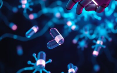 macro view of glowing pharmaceutical capsules floating in a network of cyan neon neural pathways and data streams, robotic arm manipulating molecular structures, cinematic editorial photography, cyan neon and violet color palette on dark navy background, subject in upper two thirds with soft gradient below, dramatic rim lighting, no text, no letters, no words, no writing, no signs, no labels, no watermarks, no logos, no typography, no numbers on surfaces