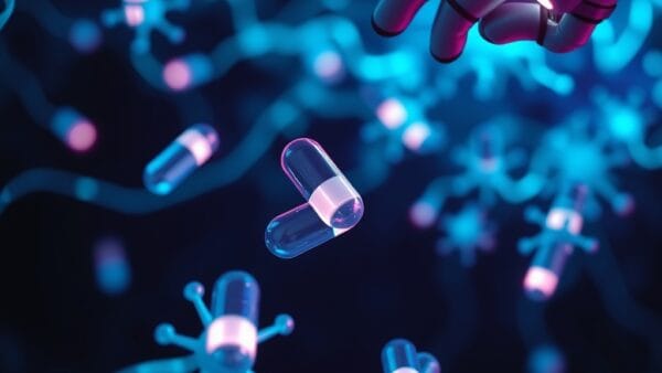 macro view of glowing pharmaceutical capsules floating in a network of cyan neon neural pathways and data streams, robotic arm manipulating molecular structures, cinematic editorial photography, cyan neon and violet color palette on dark navy background, subject in upper two thirds with soft gradient below, dramatic rim lighting, no text, no letters, no words, no writing, no signs, no labels, no watermarks, no logos, no typography, no numbers on surfaces